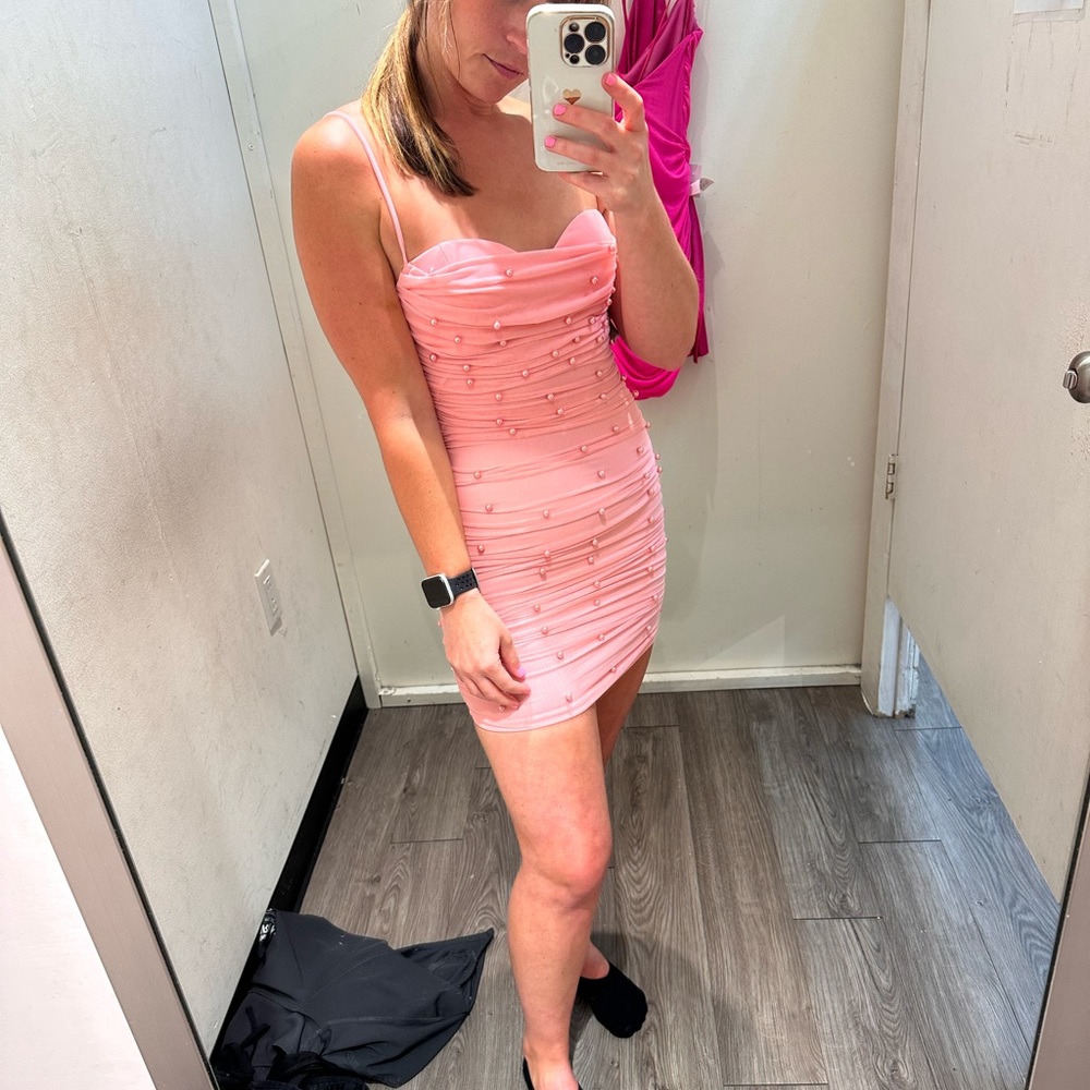 Evia Pink Mesh Pearl Detail Ruched Mini Dress